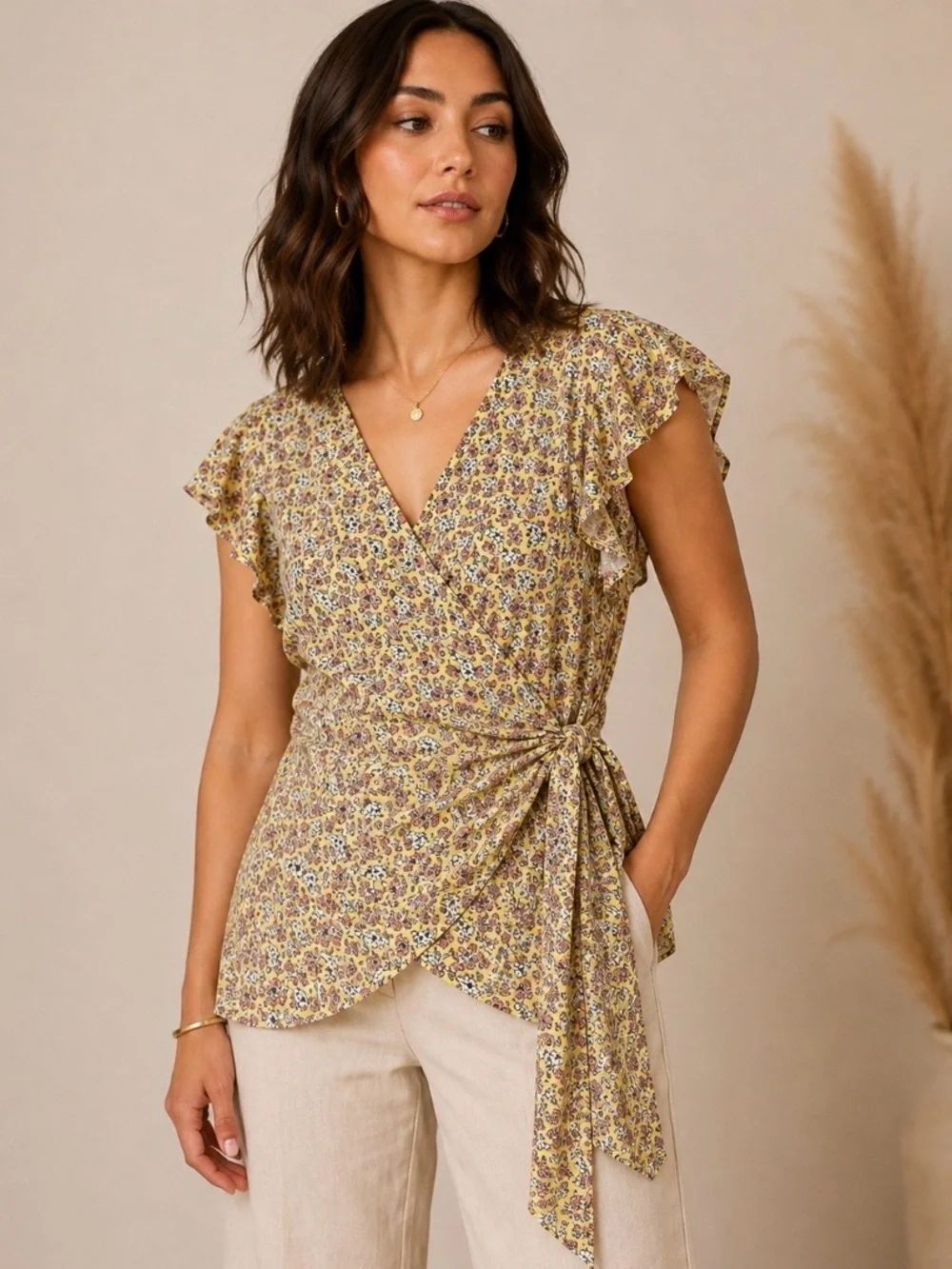 Max Studio Floral Wrap Blouse Size Large Yellow Short Sleeve NEW Boho Romantic